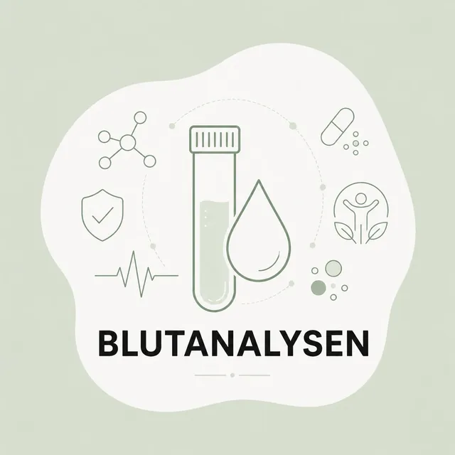Produktgrafik Blutanalysen: Reagenzglas, Blutstropfen und Labor-Icons
